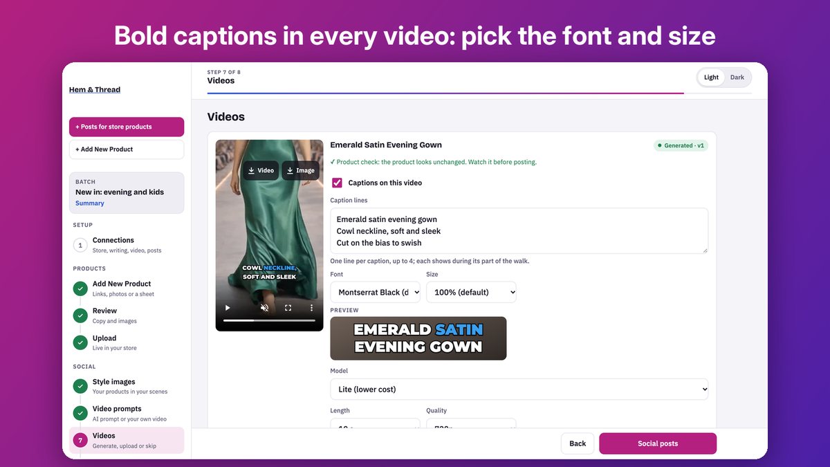 The Videos step in Launch Desk: a runway video with its caption lines, font and size settings, and a live preview