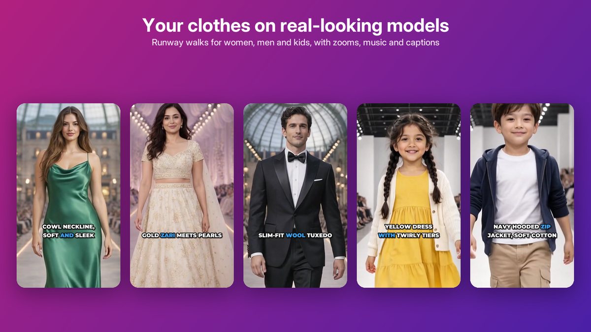 Runway walk videos of clothing on women, men and kid models: an emerald gown, a lehenga, a tuxedo, a yellow dress and a boy’s jacket