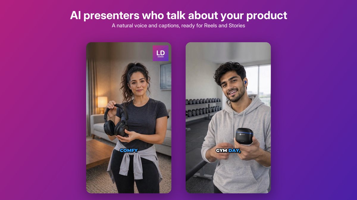 AI presenters who talk about products: a woman holding headphones at home and a man holding earbuds in a gym, both with captions