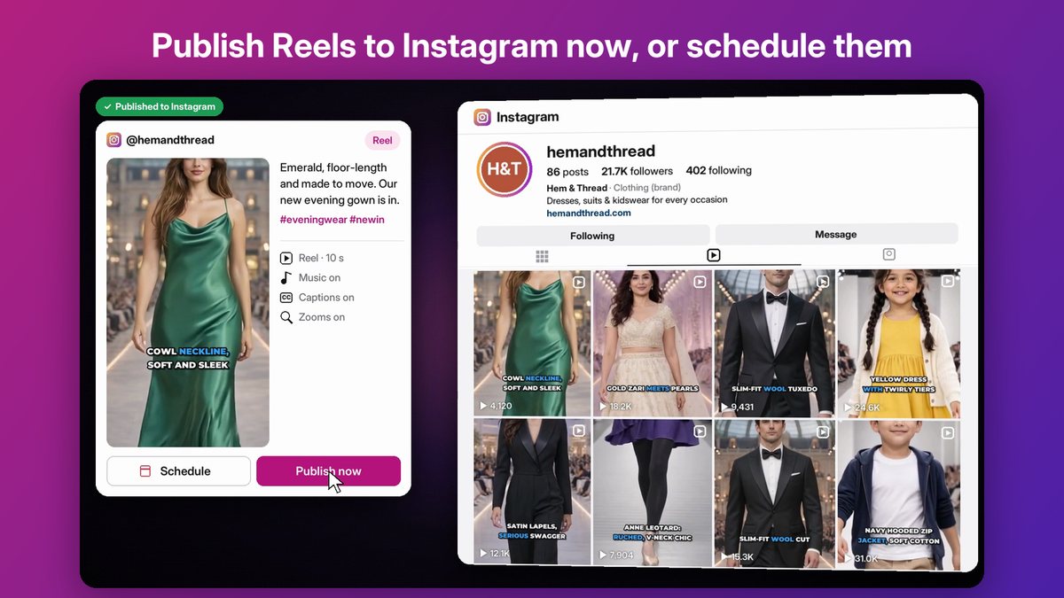 Publishing a Reel to Instagram, with the store's Reels grid