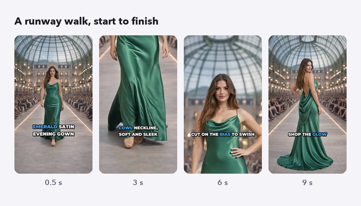 Four frames from a runway walk video of an AI model in an emerald satin gown
