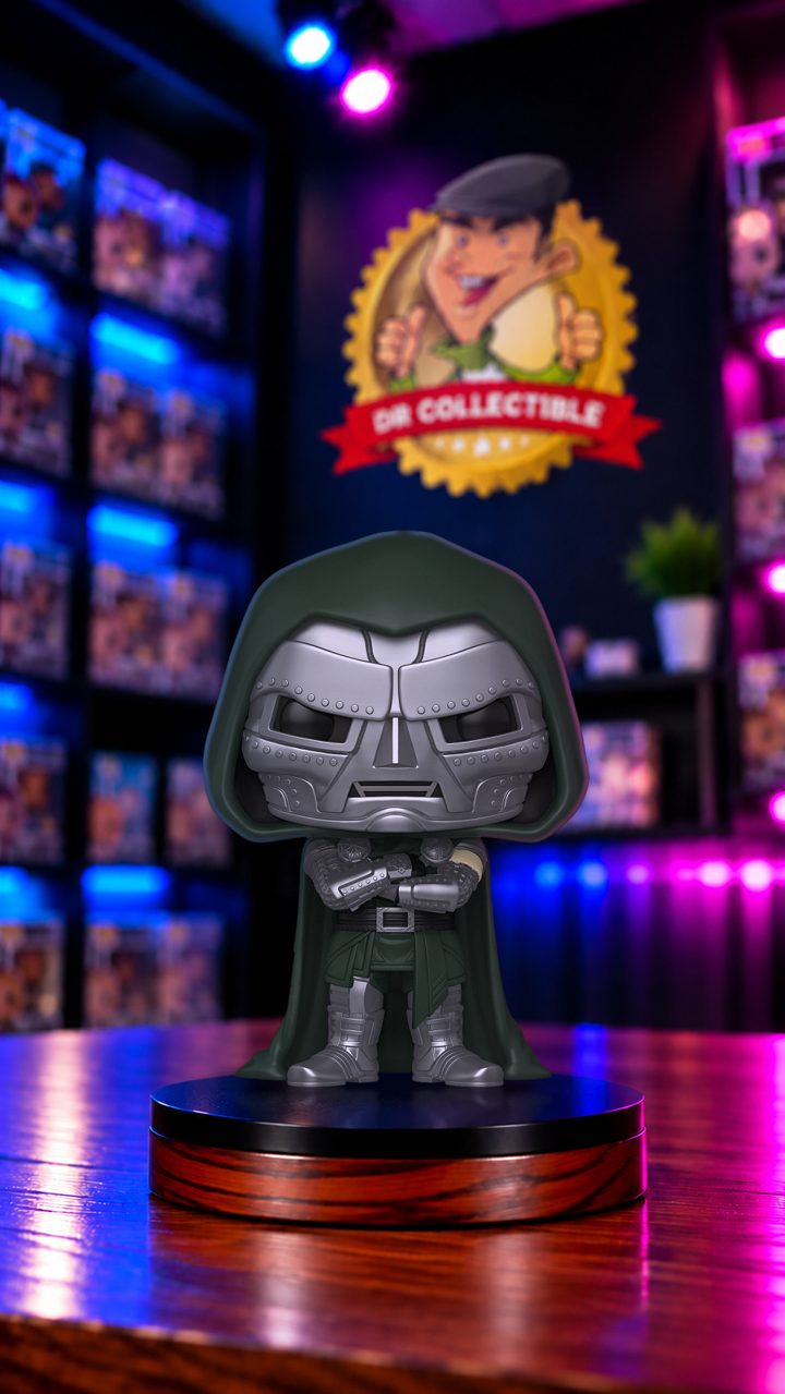 A DrCollectible figure in the store's themed studio scene